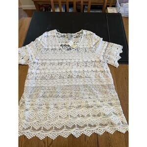 Catherines White Lace Crochet Floral Tunic Blouse Short Sleeve 1X Plus